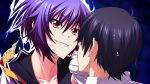  1boy 1girl black_hair black_sailor_collar close-up clothes_grab facing_away game_asset grabbing_another's_shirt hair_between_eyes koshigoe_maki looking_at_another mikoshi_matsuri official_art parted_lips purple_hair red_eyes sailor_collar school_uniform serafuku short_hair smirk sweatdrop tsujidou-san_no_jun'ai_road upper_body visual_novel_cg 