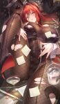  1boy 1girl 2others absurdres alternate_costume animal_ear_hairband animal_ears arknights arknights:_endfield black_leotard black_pantyhose breasts cocktail_glass commentary cup drinking_glass ember_(arknights) endministrator_(arknights) english_commentary fake_animal_ears fishnet_pantyhose fishnets gainoob hairband hellagur_(arknights) high_heels highres large_breasts leash leg_up leotard long_hair lying multiple_others on_back pantyhose parted_lips playboy_bunny pogranichnik_(arknights) rabbit_ear_hairband rabbit_ears red_hair red_nails solo_focus sticky_note torn_clothes torn_pantyhose wrist_cuffs yellow_eyes 
