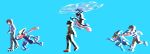  3boys absurdres asatsuki_(fgfff) ash-greninja black_hair black_hat blue_background blue_jacket blue_shoes boots bracelet calem_(pokemon) capri_pants commentary_request drop_shadow elio_(pokemon) eyewear_on_headwear from_side greninja hand_in_pocket hat highres jacket jewelry long_sleeves male_focus mega_greninja multiple_boys pants paxton_(pokemon) pokemon pokemon_(creature) pokemon_legends:_z-a pokemon_sun_and_moon pokemon_x_and_y print_jacket red_hat red_shoes roller_skates shirt shoes short_hair short_sleeves skates sunglasses z-ring 