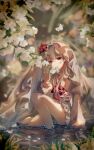  1girl absurdres arcaea blurry blurry_background bridal_veil commentary covered_mouth falling_petals flower highres hikari_(arcaea) hikari_(zero)_(arcaea) in_water long_hair long_sleeves neckerchief petals pleated_skirt puddle red_eyes red_flower red_neckerchief red_rose rei_rigel rose sailor_collar school_uniform serafuku shirt skirt solo veil white_flower white_hair white_sailor_collar white_serafuku white_shirt white_skirt 