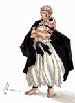  1boy absurdres arm_tattoo azurerosestudio barefoot chest_tattoo closed_mouth ear_piercing extra_arms extra_eyes facial_tattoo highres japanese_clothes jujutsu_kaisen leg_tattoo male_focus muscular muscular_male neck_tattoo pants piercing pink_hair red_eyes ryoumen_sukuna_(jujutsu_kaisen) ryoumen_sukuna_(true_form)_(jujutsu_kaisen) short_hair shoulder_tattoo simple_background tattoo white_background white_pants 