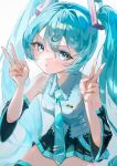  1girl :o absurdres aqua_eyes aqua_hair aqua_necktie aqua_shirt bare_shoulders black_boots black_skirt boots check_commentary commentary_request double_v hair_between_eyes hatsune_miku highres kayan_n long_hair looking_at_viewer necktie number_tattoo open_mouth pleated_skirt shirt shoulder_tattoo sitting skirt sleeveless sleeveless_shirt solo tattoo thigh_boots twintails v very_long_hair vocaloid 