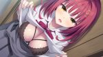  1girl against_wall black_bra blush bow bowtie bra breasts cleavage clothes_lift collared_shirt covered_nipples drooling dutch_angle eyelashes fingernails futamihara_ririko game_asset hair_ornament hairclip highres indoors lace lace-trimmed_bra lace_bra lace_trim large_breasts limelight_lemonade_jam looking_at_viewer lower_teeth_only muririn nipples open_clothes open_mouth open_shirt pleated_skirt red_hair saliva school_uniform shirt skirt solo sweat teeth underwear white_shirt yellow_eyes 