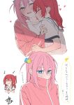  2girls ^_^ absurdres blue_eyes bocchi_the_rock! closed_eyes closed_mouth cube_hair_ornament gotoh_hitori hair_ornament hickey highres kawai_ritsu_(rits_meg) kita_ikuyo licking licking_another's_neck long_hair long_sleeves multiple_girls multiple_views musical_note one_eye_closed one_side_up pink_hair red_hair school_uniform shirt short_sleeves simple_background smile speech_bubble tongue tongue_out translation_request white_background white_shirt yuri 
