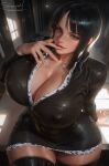  1girl black_hair black_jacket breasts cleavage commentary covered_nipples curvy day english_commentary finger_to_mouth highres huge_breasts jacket leaning_on_table looking_at_viewer nico_robin one_piece parted_lips shirt solo sunlight white_shirt window_shadow zd_1995 