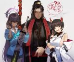  1boy 2girls bare_shoulders black_bridal_gauntlets black_hair black_hanfu black_skirt blue_archive blue_cardigan bridal_gauntlets brown_hair cardigan chinese_clothes closed_mouth commentary_request confused cowboy_shot dark-skinned_female dark_skin demon_horns detached_sleeves halo hand_fan hanfu high_ponytail highres holding holding_fan holding_sword holding_weapon horns japanese_clothes jia_qiu_(project_moon) k1ml_999 karin_(blue_archive) karin_(school_uniform)_(blue_archive) kimono korean_commentary limbus_company long_hair multiple_girls niya_(blue_archive) pleated_skirt ponytail project_moon short_hair skirt sweat sword very_long_hair weapon white_kimono yellow_eyes zigong_(project_moon) zilu_(project_moon) 
