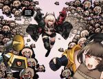  absurdres asymmetrical_legwear banana_(girls'_frontline) bare_shoulders beret bikini bikini_top_only black_bikini black_bodysuit black_boots black_gloves black_hat black_jacket black_scarf blonde_hair bodysuit boots breasts breasts_apart brown_hair brown_sweater character_doll chibi doll english_text fangs frown full_body girls'_frontline girls'_frontline_2:_exilium gloves hat headphones heterochromia highres invincible_(series) jacket long_hair m4_sopmod_ii_(girls'_frontline) mechanical_arms michilinstuff microphone midriff multicolored_hair multiple_girls navel off-shoulder_jacket off_shoulder open_clothes open_jacket open_mouth open_wetsuit pink_background red_eyes red_streaks ro635_(girls'_frontline) robella_(girls'_frontline_2) scarf scene_reference simple_background soppo_(girls'_frontline_2) speech_bubble stomach streaked_hair sweater swimsuit teeth thighs white_streaks yellow_eyes yellow_jacket zipper zipper_pull_tab 