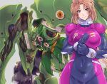  1girl absurdres black_gloves bob_cut bodysuit breasts brown_hair closed_mouth commentary_request covered_groin covered_navel cowboy_shot curtained_hair gloves gundam gundam_unicorn high_collar highres kshatriya large_breasts long_hair looking_at_viewer marida_cruz mecha mecha_pilot_suit multicolored_bodysuit neo_zeon normal_suit_(gundam) orange_hair parted_bangs purple_eyes robot science_fiction short_hair skin_tight smile solo two-tone_bodysuit upper_body wochi 