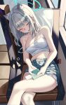  1girl absurdres animal_ears bare_arms bare_shoulders blue_archive blue_halo blush breasts camisole cleavage closed_eyes commentary crop_top cross_hair_ornament crossed_legs denim denim_shorts drooling extra_ears grey_hair hair_ornament halo highres holding holding_wallet kirei0518 medium_breasts medium_hair open_mouth shiroko_(blue_archive) short_shorts shorts sitting sleeping solo spaghetti_strap strap_slip tank_top wallet white_camisole white_tank_top wolf_ears wolf_girl 