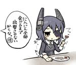  1girl bad_id bad_pixiv_id blue_hair carrot chibi eyepatch food fork headgear kantai_collection necktie plate short_hair solo tenryuu_(kantai_collection) translated triangle_mouth unhappy yellow_eyes yuasan 