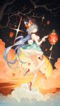  1girl absurdres bare_shoulders blue_hair bow breasts chinese_clothes chinese_commentary cloud commentary_request dress from_side full_body fur_trim green_eyes hair_bow hair_ornament hair_rings highres holding lantern long_hair looking_at_viewer low_twintails luo_tianyi moon night official_alternate_costume open_mouth paper_lantern red_bow shoes smile socks solo sparkle thigh_strap tidsean tree twintails vocaloid vsinger_(vocaloid) white_socks 