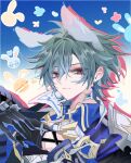  1boy animal_ears armor arms_up black_gloves blue_hair blue_shirt collared_coat collared_shirt commentary double-parted_bangs earrings genshin_impact gloves hair_between_eyes hair_intakes high_collar highres ichi_(010_ichi) jewelry kemonomimi_mode lohen_(genshin_impact) looking_to_the_side male_focus multicolored_eyes own_hands_clasped own_hands_together pauldrons piercing rabbit rabbit_boy rabbit_ears shirt short_hair shoulder_armor sideways_glance single_earring single_pauldron solo upper_body wing_collar 