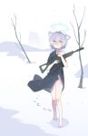  1girl absurdres animal_ear_fluff animal_ears assault_rifle barefoot black_dress blue_archive blue_eyes blue_halo blush chinese_commentary commentary_request cross cross_hair_ornament dress gang_shi_shao_e_fan grey_hair gun hair_ornament halo highres holding holding_gun holding_weapon inverted_cross mismatched_pupils rifle shiroko_(blue_archive) shiroko_(young)_(blue_archive) short_hair sig_556 sig_sauer snow snowing solo walking weapon wolf_ears wolf_girl 