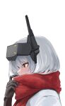  1girl absurdres cloak crying crying_with_eyes_open goddess_of_victory:_nikke head-mounted_display highres mechanical_arms profile red_scarf scarf simple_background single_mechanical_arm snow_white_(nikke) solo tears upper_body white_background white_cloak white_hair yakii_(yak11) yellow_eyes 
