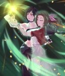  2girls absurdres aerith_gainsborough black_gloves black_hair black_skirt bracelet breasts brown_hair chest_harness closed_eyes closed_mouth cowboy_shot crop_top cropped_jacket detached_sleeves dress final_fantasy final_fantasy_vii final_fantasy_vii_remake final_fantasy_vii_revelation fingerless_gloves gloves hair_ribbon harness high-low_skirt highres jacket jewelry lifestream long_dress long_hair low-tied_long_hair magic medium_breasts midriff mirukhaela multiple_bracelets multiple_girls official_alternate_costume parted_bangs parted_lips pink_dress pink_lips pink_ribbon ponytail red_eyes red_jacket ribbon shirt short_sleeves sidelocks skirt sleeveless sleeveless_shirt smile tifa_lockhart tifa_lockhart_(black_mage) twitter_username white_shirt white_sleeves yuri 