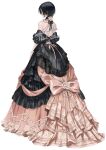  1girl absurdres aristocratic_clothes back backless_dress backless_outfit black_choker black_dress black_hair black_ribbon bow choker closed_eyes closed_mouth commission commissioner_name dress dress_bow dress_ribbon expressionless floral_print flower formal_clothes from_behind full_body gem gown highres lace-trimmed_dress lace_ribbon lace_trim long_dress nnnyj off-shoulder_dress off_shoulder original pearl_(gemstone) pink_bow pink_dress pink_flower pink_ribbon pink_rose print_dress puffy_short_sleeves puffy_sleeves ribbon ribbon_choker rose second-party_source short_hair short_sleeves signature simple_background skeb_commission solo standing thank_you train_(clothing) twitter_username two-tone_dress u_u victorian white_background wolf_cut 