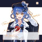  1girl :d apple arm_behind_head artist_request black_capelet black_hat blue_hair braid braided_hair_rings capelet chinese_commentary commentary_request commission food fruit hair_rings hand_up hat highres holding holding_food holding_fruit long_sleeves looking_at_viewer mahou_shoujo_no_majo_saiban open_mouth outline second-party_source short_hair smile solo tachibana_sherry translation_request upper_body yellow_eyes 