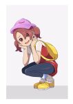  1girl :d asatsuki_(fgfff) backpack bag brown_eyes brown_hair commentary_request ditto female_protagonist_(pokemon_pokopia) from_side full_body hair_between_eyes hands_up happy hat highres looking_at_viewer open_mouth pants pokemon pokemon_pokopia purple_hat ribbed_socks shoes short_sleeves smile socks solo squatting twintails white_socks yellow_bag yellow_shoes 