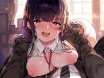  1boy 1girl absurdres aroused black_jacket blush breast_press breasts brown_eyes brown_hair commentary_request drooling girl_on_top heart heart-shaped_pupils highres hugging_viewer indoors jacket large_breasts necktie nipples no_bra open_clothes open_shirt original panties pov red_ribbon ribbon shiokonbu shirt sidelocks sparkle symbol-shaped_pupils underwear voice_drama_available white_panties white_shirt window 