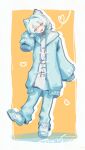  1girl absurdres animal_ear_fluff animal_ears blue_eyes blue_jacket blue_pants blue_ribbon blue_sailor_collar cat_ears commentary_request commission full_body hand_on_own_face heart highres jacket jersey looking_at_viewer original oversized_clothes pants ribbon sailor_collar sharp_teeth shoes signature skeb_commission smile solo standing standing_on_one_leg teeth tenshi_kaiwai track_jacket track_suit user_kygg7828 