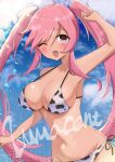  1girl animal_print arm_up armpits bemani bikini blue_sky breasts commentary cow_print cow_print_bikini day idaten_(monochanm) large_breasts long_hair looking_at_viewer navel one_eye_closed pink_eyes pink_hair print_bikini rasis rasis_(innocent) sky smile solo sound_voltex swimsuit twintails very_long_hair 