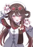  1girl :d blush brown_hair brown_scarf chinese_clothes claw_pose commentary_request dress eyewear_on_head flower-shaped_pupils genshin_impact hair_between_eyes hair_rings hat highres hu_tao_(cherries_snow-laden)_(genshin_impact) hu_tao_(genshin_impact) long_hair long_sleeves looking_at_viewer mochi_mochi052 nail_polish official_alternate_costume open_mouth red-tinted_eyewear red_eyes red_nails round_eyewear scarf smile solo symbol-shaped_pupils tinted_eyewear upper_body white_dress white_hat 