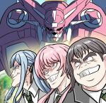  3girls absurdres bang_dream! bang_dream!_it's_mygo!!!!! black_ribbon blazer blue_hair brown_hair chihaya_anon chinese_commentary commentary crossover getter_robo getter_team_pose_(meme) green_necktie grey_eyes grey_jacket grin hair_ribbon haneoka_school_uniform highres ishikawa_ken_(style) jacket long_hair mecha mecha_request meme multiple_girls necktie parody pink_hair ribbon robot school_uniform shin_getter_robo sidelocks smile style_parody takamatsu_tomori thick_eyebrows togawa_sakiko xiang_lie_di_sheng_qi_wu_yu 