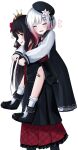  2girls :d absurdres armband bandaid bandaid_on_leg beret black_coat black_hair black_hat black_shirt black_shoes carrying closed_eyes coat commentary_request crown fang flower gradient_hair hair_flower hair_ornament hat highres jasei light_blush long_hair mahou_shoujo_no_majo_saiban mini_crown multicolored_hair multiple_girls necktie nikaido_hiro piggyback pink_hair red_armband red_eyes red_necktie red_skirt sakuraba_ema shirt shoes short_hair simple_background skin_fang skirt smile socks white_background white_flower white_hair white_shirt white_socks x_hair_ornament 