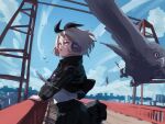  1girl antenna_hair bird black_feathers black_hair black_jacket black_skirt bridge cevio ci_flower cityscape commentary commission cowboy_shot day extreme_nattou falling_feathers feathers flower_(vocaloid) handrail headphones highres jacket looking_at_viewer multicolored_hair outdoors parted_lips pleated_skirt shirt sidelighting skirt sky solo streaked_hair vocaloid white_eyes white_hair white_shirt wind wind_lift 