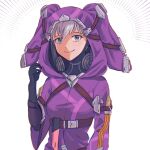  1girl biker_clothes bikesuit black_gloves blue_eyes bodysuit curly_hair gloves grey_hair highres hood hood_down hoodie long_hair looking_at_viewer melia_antiqua official_alternate_costume purple_hoodie smile solo tayopapayo xenoblade_chronicles_(series) xenoblade_chronicles_1 