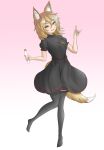  1girl absurdres alternate_color animal_ear_fluff animal_ears black_dress black_thighhighs blonde_hair breasts bright_pupils carrot commentary commission corked_bottle cosplay dot_nose doubleplebeian dress english_commentary fang fox_ears fox_girl fox_shadow_puppet fox_tail full_body gradient_background hair_between_eyes hand_up highres holding holding_test_tube inaba_tewi inaba_tewi_(cosplay) jewelry kudamaki_tsukasa looking_at_viewer medium_hair necklace open_mouth pink_background player_2 puffy_short_sleeves puffy_sleeves ribbon-trimmed_dress ribbon-trimmed_thighhighs ribbon_trim short_sleeves simple_background slit_pupils small_breasts smile solo split_mouth tail test_tube thighhighs touhou white_pupils yellow_eyes 