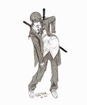  1girl artist_name black_eyes chainsaw_man commentary double_blade dress_shirt emzok english_commentary hand_on_own_hip hand_on_own_leg highres jacket looking_at_viewer lower_teeth_only mitaka_asa monochrome multiple_swords necktie open_clothes open_jacket open_mouth pants shirt solo suit sword teeth weapon 