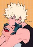  2boys :d ^_^ bakugou_katsuki behind_another black_tank_top blonde_hair blue_hair boku_no_hero_academia closed_eyes closed_mouth colored_sclera commentary_request facing_another film_grain freckles from_side front-to-back grey_sclera grey_shirt grid_background happy head_back head_on_head head_rest highres looking_ahead male_focus midoriya_izuku multiple_boys nikaidou_iroha open_mouth orange_background partial_commentary pout red_eyes shirt short_hair sideways_mouth smile spiked_hair tank_top teeth twitter_username upper_body upper_teeth_only 