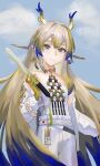  1girl absurdres arknights bare_shoulders beads belt blonde_hair blue_hair chinese_commentary closed_mouth cloud colored_extremities commentary cowboy_shot dragon_girl dragon_horns english_commentary eyeliner grey_eyes grey_hair highres holding holding_sword holding_weapon horns jacket jewelry long_hair long_sleeves looking_at_viewer makeup mixed-language_commentary multicolored_hair necklace off_shoulder orange_eyeliner pants pointy_ears shu_(arknights) smile solo split_mouth standing strapless sword tube_top very_long_hair weapon white_belt white_jacket white_pants white_tube_top zia_qi_ya 