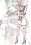  1girl absurdres animal_ears arm_up armpits belt bikini black_gloves blush breasts brown_thighhighs caesar_king_(zenless_zone_zero) cleavage commentary_request eyepatch_bikini fake_animal_ears full_body fur_collar gloves green_hair grey_bikini grey_leotard high_heels highleg highleg_leotard highres large_breasts leotard long_hair looking_at_viewer low_ponytail mogi_yasunobu open_mouth playboy_bunny ponytail rabbit_ears red_leotard smile solo swimsuit thighhighs yellow_eyes zenless_zone_zero zoom_layer 