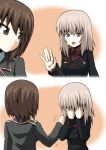  2girls black_jacket blue_eyes brown_eyes brown_hair commentary girls_und_panzer grey_hair hand_on_another's_shoulder hands_on_own_face highres itsumi_erika jacket kamishima_kanon kuromorimine_military_uniform long_hair multiple_girls niedersachsen_military_uniform nishizumi_maho open_mouth short_hair simple_background upper_body 
