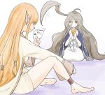  2girls absurdly_long_hair barefoot brown_eyes brown_hair card cloak commentary_request elf expressionless holding holding_card long_hair multiple_girls orange_hair playing_card pointy_ears sense_(sousou_no_frieren) serie_(sousou_no_frieren) sitting smile sousou_no_frieren toshuyu very_long_hair 