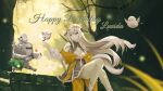  1girl armor bare_shoulders bird black_dress braid cake cape colored_skin commentary_request dress feathered_wings fngxujqng161447 food green_cape hair_ornament happy_birthday head_wings helmet highres holding holding_cake holding_food jacket legs light_rays long_hair long_sleeves luxida_vega multicolored_dress off-shoulder_jacket off_shoulder pink_eyes reverie_(vtuber) single_braid sitting sleeveless sleeveless_dress solo stone_wall tree virtual_youtuber white_dress white_hair white_skin white_sleeves wings yellow_jacket 