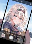  1girl 1other black_hairband blue_scarf blue_sky brown_jacket cloud cloudy_sky commentary_request devl_ga_aru firefly_(honkai:_star_rail) gradient_hair grey_hair hair_between_eyes hair_intakes hairband highres holding holding_phone holding_snowball honkai:_star_rail honkai_(series) jacket long_hair multicolored_hair phone scarf sky snowball solo tree 