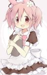  1girl :d animal_ear_hairband animal_ears apron blush bow bowtie brown_dress commentary_request dress fake_animal_ears frilled_apron frilled_dress frills hair_between_eyes hairband highres hitode holding holding_tray kaname_madoka mahou_shoujo_madoka_magica mahou_shoujo_madoka_magica_(anime) maid maid_headdress open_mouth pink_background pink_bow pink_bowtie pink_eyes pink_hair pink_hairband rabbit_ear_hairband rabbit_ears short_hair short_sleeves short_twintails sidelocks smile solo tray twintails white_apron 
