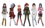  6+girls arm_up belt black_hair blue_hair blush boots closed_mouth colored_inner_hair commentary_request full_body green_eyes gundam gundam_seed gundam_zz hair_between_eyes hairband head_tilt highres long_hair long_sleeves looking_at_viewer lying mecha_pilot_suit medium_hair military_uniform mobile_suit_gundam multicolored_hair multiple_girls normal_suit_(gundam) on_back open_mouth orange_hair original ponytail purple_eyes puru_two red_hair seotaku_(kyokkou) sidelocks skin_tight sweat zaft_uniform 