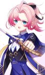  1girl absurdres black_vest blue_dress blue_eyes cawang commentary_request dress eleanor_(xenoblade) high_ponytail highres pink_hair pointy_ears ponytail simple_background solo sword upper_body vest weapon white_background xenoblade_chronicles_(series) xenoblade_genesis 