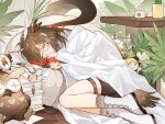  2girls arknights blanket boots brown_hair character_charm charm_(object) chongming821 closed_eyes closed_mouth commentary cup curled_up feather_hair glasses highres ifrit_(arknights) indoors lace-up_boots long_sleeves lying mug multiple_girls on_floor on_side out_of_frame owl_ears paper_stack plant potted_plant saria_(arknights) short_hair silence_(arknights) sleeping solo_focus stuffed_owl table tail tail_wrap under_covers untranslatable_commentary white_boots 