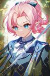  1girl blue_eyes blurry blurry_background closed_mouth commentary eleanor_(xenoblade) high_ponytail highres holding holding_sword holding_weapon pink_hair pointy_ears ponytail smile solo sword upper_body weapon xenoblade_chronicles_(series) xenoblade_genesis zer00han 