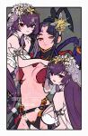  3girls armor bare_shoulders bikini black_hair black_hat black_thighhighs blush breasts cleavage commentary_request dual_persona facial_mark fate/grand_order fate_(series) flower forehead_mark garter_belt grand_servant_(fate/grand_order) grin hacco_mayu hair_between_eyes hair_bun hair_flower hair_ornament hat highres japanese_armor large_breasts long_hair long_sleeves looking_at_viewer medium_breasts multicolored_eyes multiple_girls navel open_mouth orange_eyes parted_bangs purple_eyes purple_hair purple_lips red_eyes revealing_clothes scathach-skadi_(fate) scathach-skadi_(swimsuit_ruler)_(third_ascension)_(fate) scathach_(fate) see-through_clothes side_ponytail sidelocks single_side_bun smile swimsuit taira_no_kagekiyo_(fate) taira_no_kagekiyo_(third_ascension)_(fate) tassel thighhighs thighs ushiwakamaru_(fate) veil very_long_hair white_bikini 