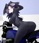  1girl biker_clothes bikesuit bird_girl bird_wings black_bodysuit black_hair blue_background blue_eyes blush bodysuit breasts carrion_crow_(kemono_friends) commentary_request feathered_wings head_wings highres kemono_friends long_hair looking_at_viewer looking_back lowlandgorilla motor_vehicle motorcycle simple_background solo sunglasses wings 