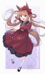  1girl absurdres animal_ears black_shoes blush bow bow_hairband braid braided_hair_rings brown_hair casual character_name commentary_request dress hair_rings hairband highres holding holding_wand horse_ears horse_girl horse_tail long_hair long_sleeves looking_at_viewer necktie nueco open_mouth purple_eyes purple_necktie red_bow red_dress red_hairband shoes smile socks solo sweep_tosho_(casual)_(umamusume) sweep_tosho_(umamusume) tail twintails umamusume wand white_socks 