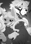  2boys animal_ears artist_name betsuto_39 black_cloak cloak closed_mouth death_(puss_in_boots) dual_wielding english_commentary eyepatch fangs furry furry_male grey_fur greyscale highres holding hood hood_down hooded_cloak looking_at_another looking_at_viewer male_focus monochrome multiple_boys open_mouth puss_in_boots:_the_last_wish scythe shrek_(series) signature smile sweatdrop von_lycaon white_fur wolf_boy wolf_ears zenless_zone_zero 