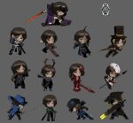  6+girls absurdres apron arm_behind_back arthropod_horns asymmetrical_legs bandaged_hand bandages baseball_cap beret black_necktie blade_lineage_(identity)_(project_moon) blood blood_on_clothes book brown_eyes brown_hair brown_jacket brown_pants butler cane cavalier_hat chain chibi chibi_only cinq_association_south_uniform coat coat_on_shoulders commentary_request conical_hat dark-skinned_female dark_skin dress e.g.o_(project_moon) eyewear_on_head facial_tattoo female_butler fighting_stance fur-trimmed_coat fur_trim g_corp._(identity)_(project_moon) gloves gold_chain greatsword grey_background gun hand_on_own_chin hat heishou_pack-mao_branch_(identity)_(project_moon) highres holding holding_cane holding_gun holding_paintbrush holding_scissors holding_smoking_pipe holding_sword holding_weapon jacket jacket_on_shoulders japanese_clothes khopesh kimono korean_commentary la_manchaland_(identity)_(project_moon) laevatein_(project_moon) lca_(identity)_(project_moon) limbus_company load-bearing_vest lobotomy_corporation_(identity)_(project_moon) magic_bullet_(e.g.o) middle_(identity)_(project_moon) military_uniform monocle multicolored_hair multiple_girls multiple_persona necktie one_eye_closed open_clothes open_coat outis_(project_moon) paint_splatter paintbrush pants partially_shaded_face ponytail project_moon purple_coat rabbit_tail rapier red_eyes red_hair red_nails rice_hat ring_(identity)_(project_moon) scarf scissors seven_association_south_(identity)_(project_moon) seven_association_south_uniform sheath shirt smoking_pipe ssong25z streaked_hair suit_jacket sunglasses sword t_corp._(identity)_(project_moon) tactical_clothes tail tattoo top_hat two-tone_hair unsheathing vampire w_corp._(identity)_(project_moon) w_corp._logo weapon white_pants white_shirt wide_brim wuthering_heights_(identity)_(project_moon) yellow_eyes yellow_necktie 