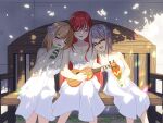  3girls alternate_costume anis_(nikke) anis_(star)_(nikke) breasts brown_hair can cleavage commentary_request dress drink_can goddess_of_victory:_nikke grey_hair guitar holding holding_can holding_guitar holding_instrument holding_maracas instrument large_breasts long_hair maracas medium_hair multiple_girls neon_(nikke) on_bench open_mouth rapi_(nikke) rapi_(red_hood)_(nikke) rectangular_eyewear red-framed_eyewear shade sitting smile soda_can white_dress yang_xiaogui 